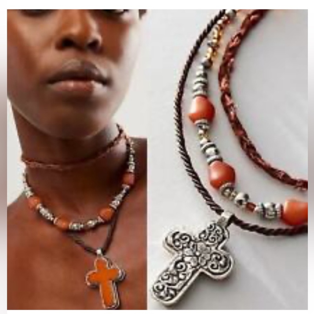 Free People Amber Roadrunner Layered Charm Cross Adjustable Necklace